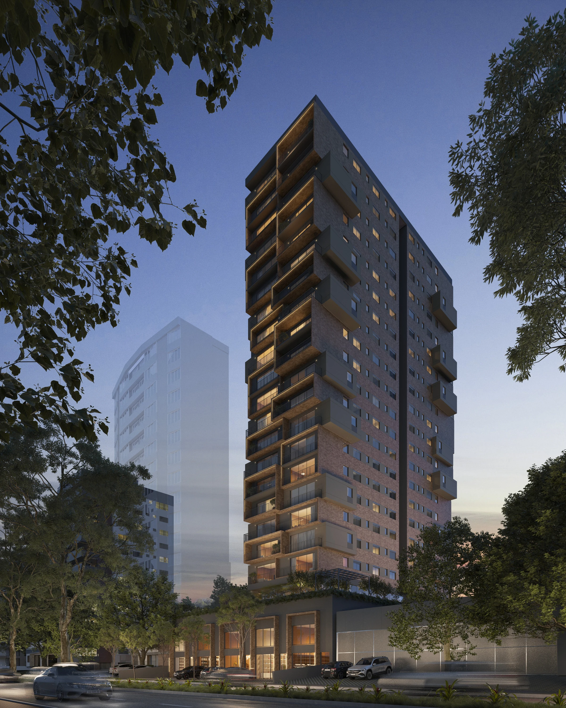 A torre do Bosque Wellness Living ao entardecer, vista entre as copas das árvores